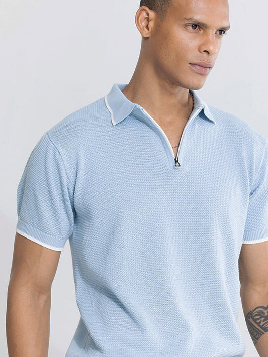 Blue Self Design Slim Fit Pure Cotton T-shirt