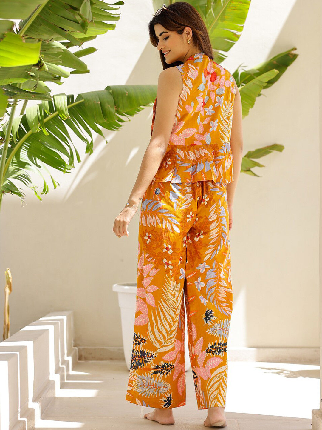 Printed Mandarin Collar Sleeveless Pure Cotton Top And Trouser Co-Ords