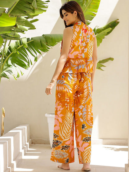 Printed Mandarin Collar Sleeveless Pure Cotton Top And Trouser Co-Ords