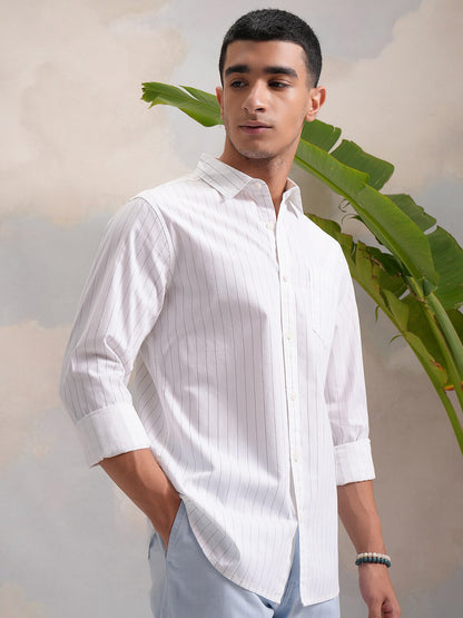 White Regular Fit Vertical Striped Casual Shirt