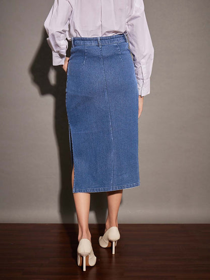 Blue Side Slit A-Line Midi Skirt