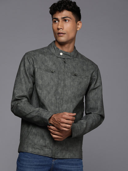 Solid Slim Fit Leather Jacket