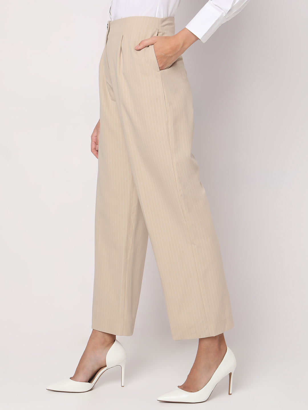 Women Striped Straight Fit High-Rise Pleated Trousers
