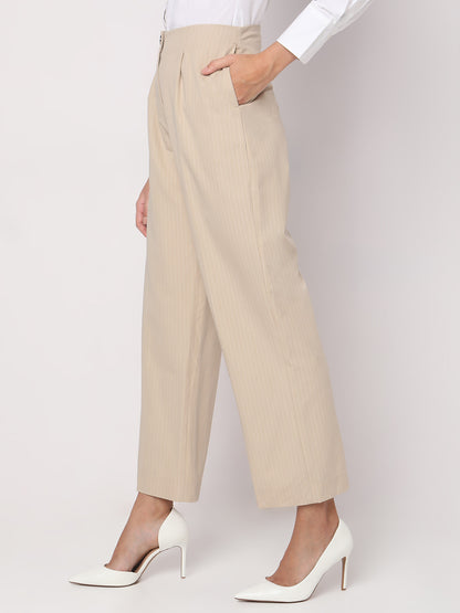 Women Striped Straight Fit High-Rise Pleated Trousers