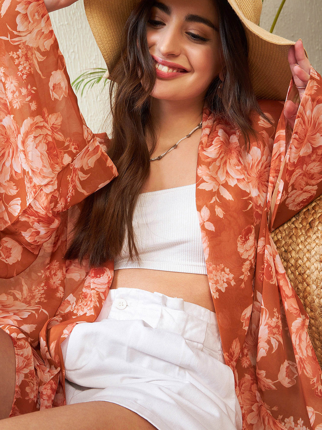 Rust Floral Printed Kimono Shrug