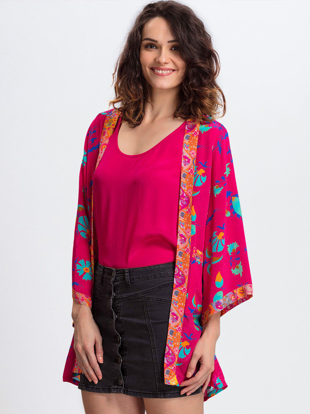 Plus Size Women Printed Longline Open Front Shrug