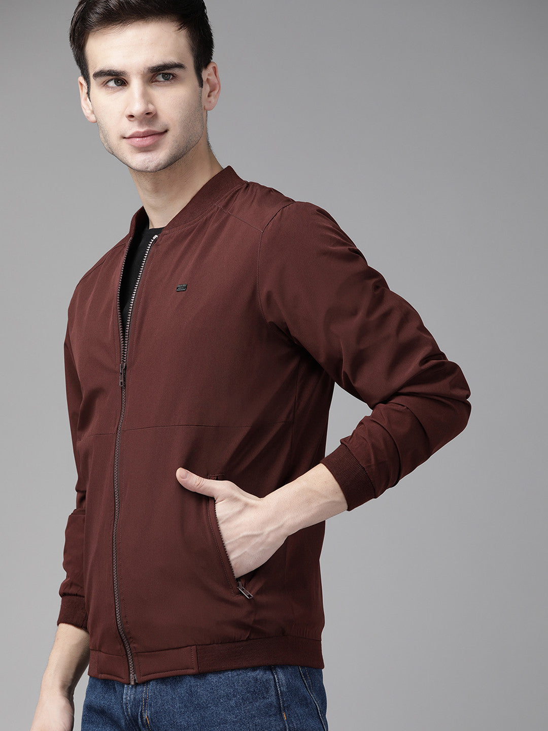 Men Maroon Solid Bomber Jacket