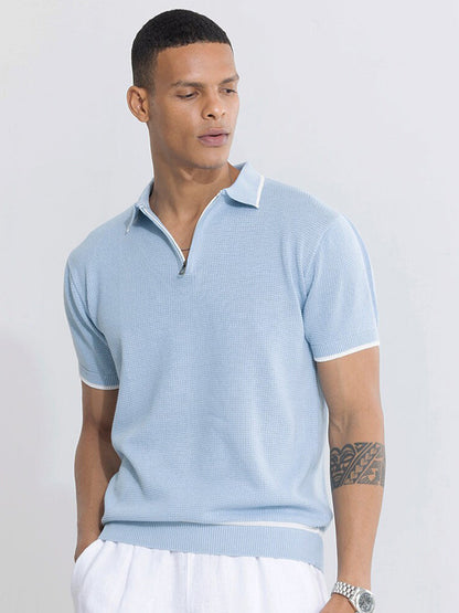 Blue Self Design Slim Fit Pure Cotton T-shirt