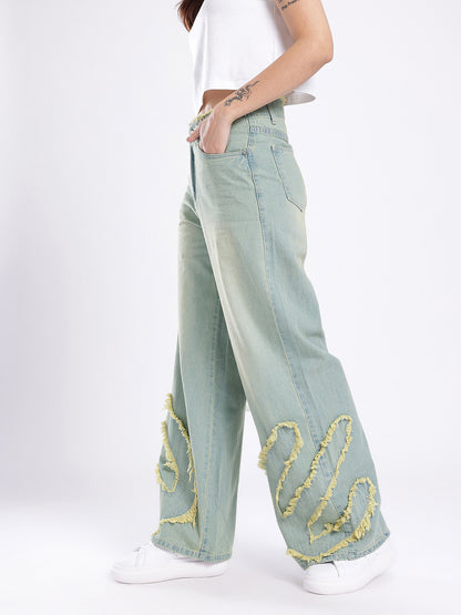 Women Frayed Detail Wide Leg High-Rise Heavy Fade Jeans