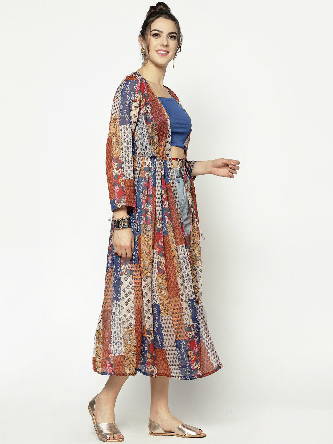 Women Multicolored Printed Tie-Up Shrug