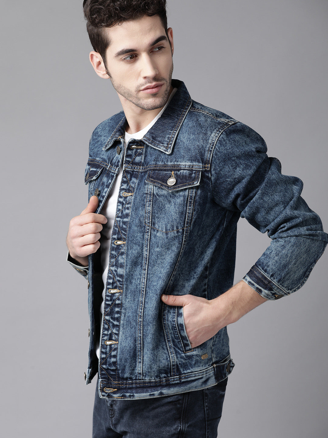 Men Navy Blue Washed Denim Jacket