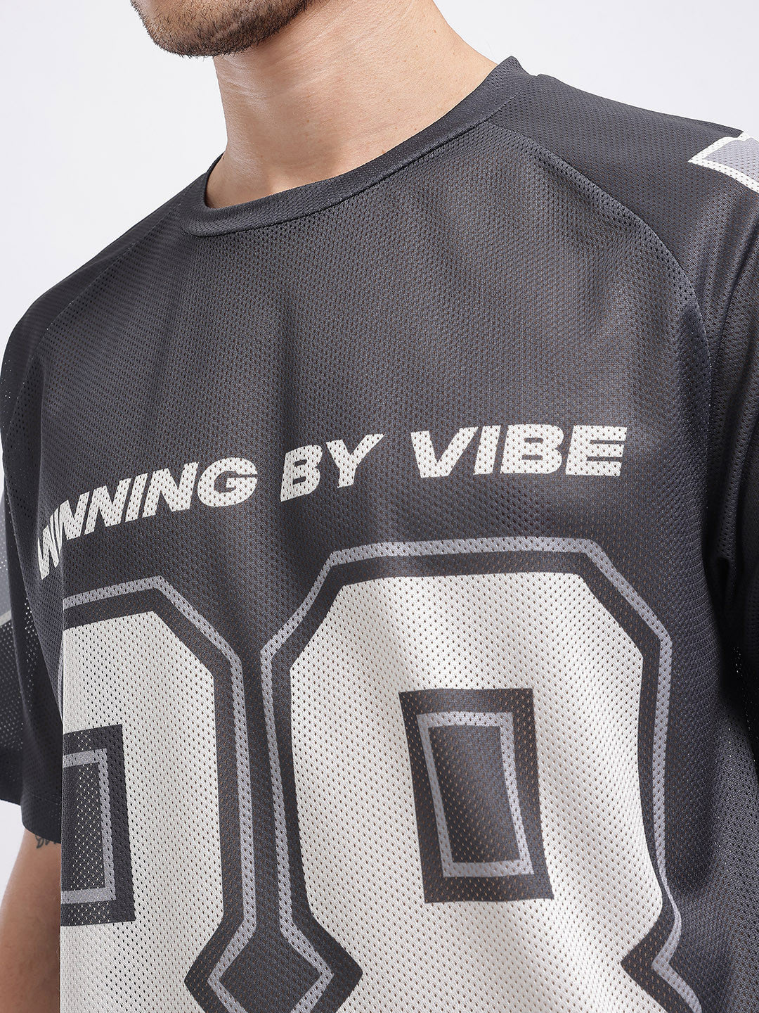 Typography Printed Raglan Sleeves T-shirt with Mesh Inserts