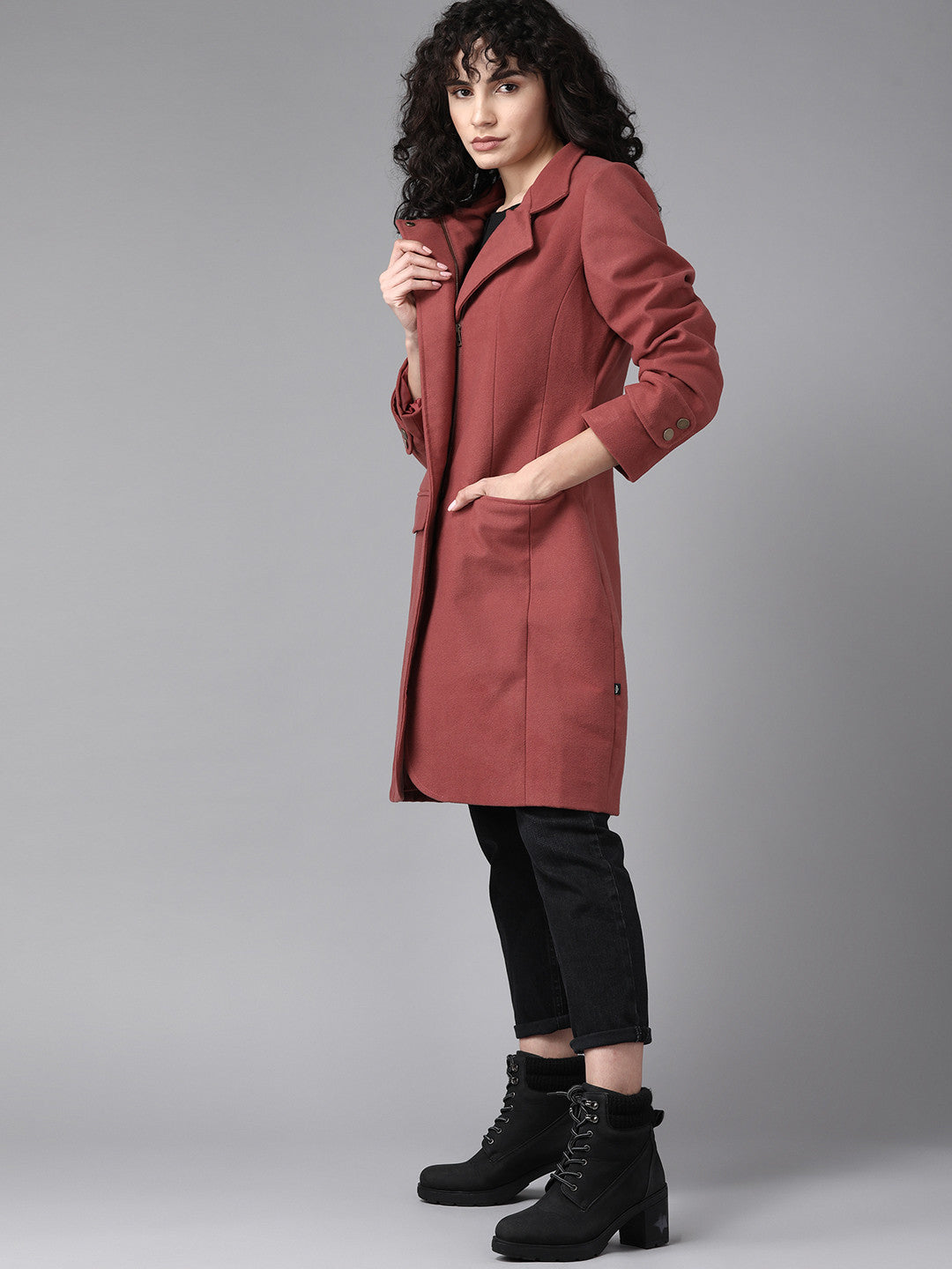 Women Rust Red Solid Longline Tailored Jacket