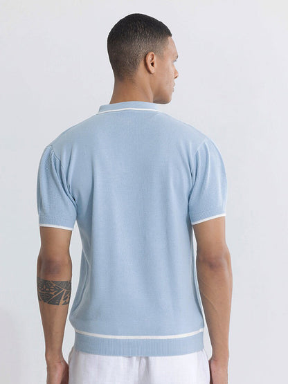 Blue Self Design Slim Fit Pure Cotton T-shirt