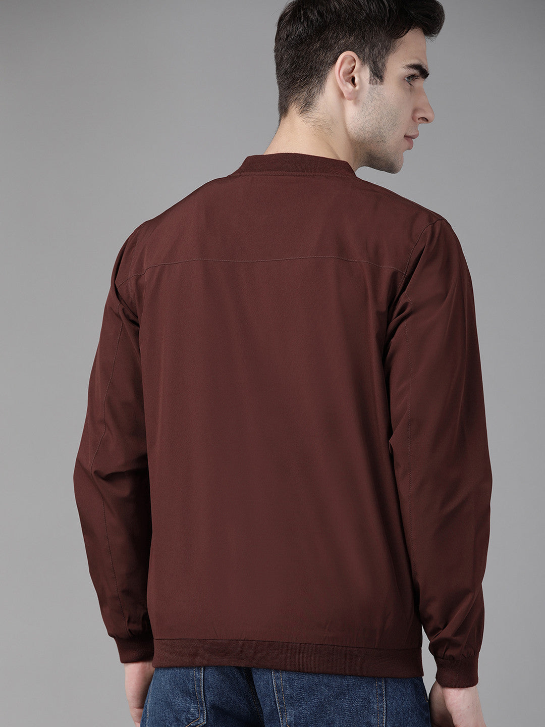 Men Maroon Solid Bomber Jacket