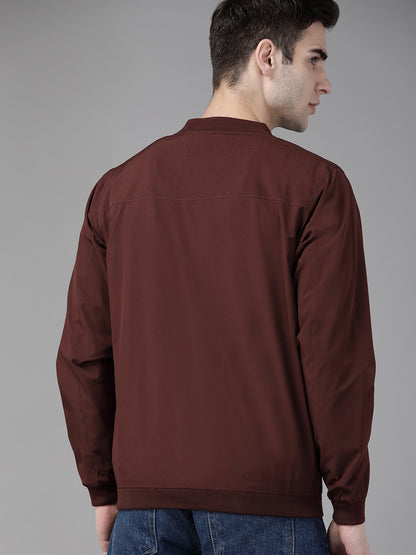 Men Maroon Solid Bomber Jacket