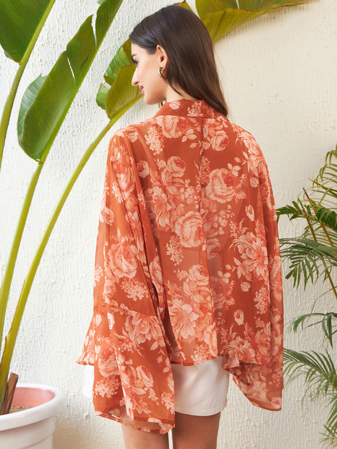 Rust Floral Printed Kimono Shrug