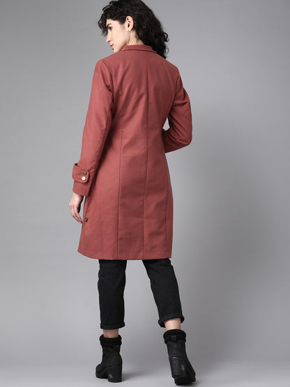 Women Rust Red Solid Longline Tailored Jacket