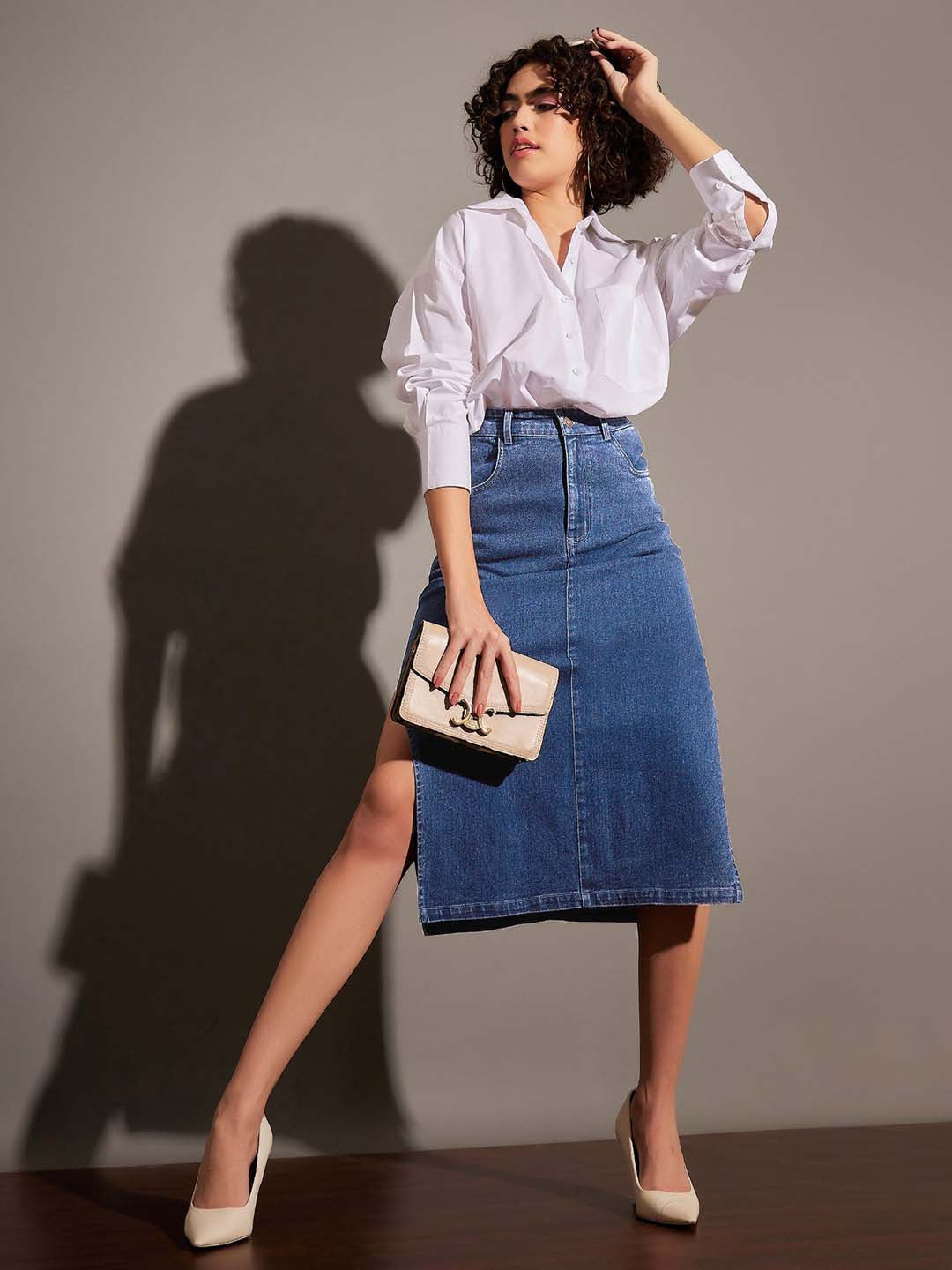 Blue Side Slit A-Line Midi Skirt