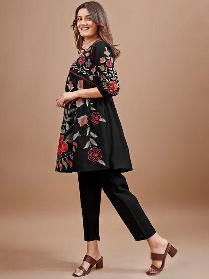 Floral Embroidered V-Neck Tunic With Trousers
