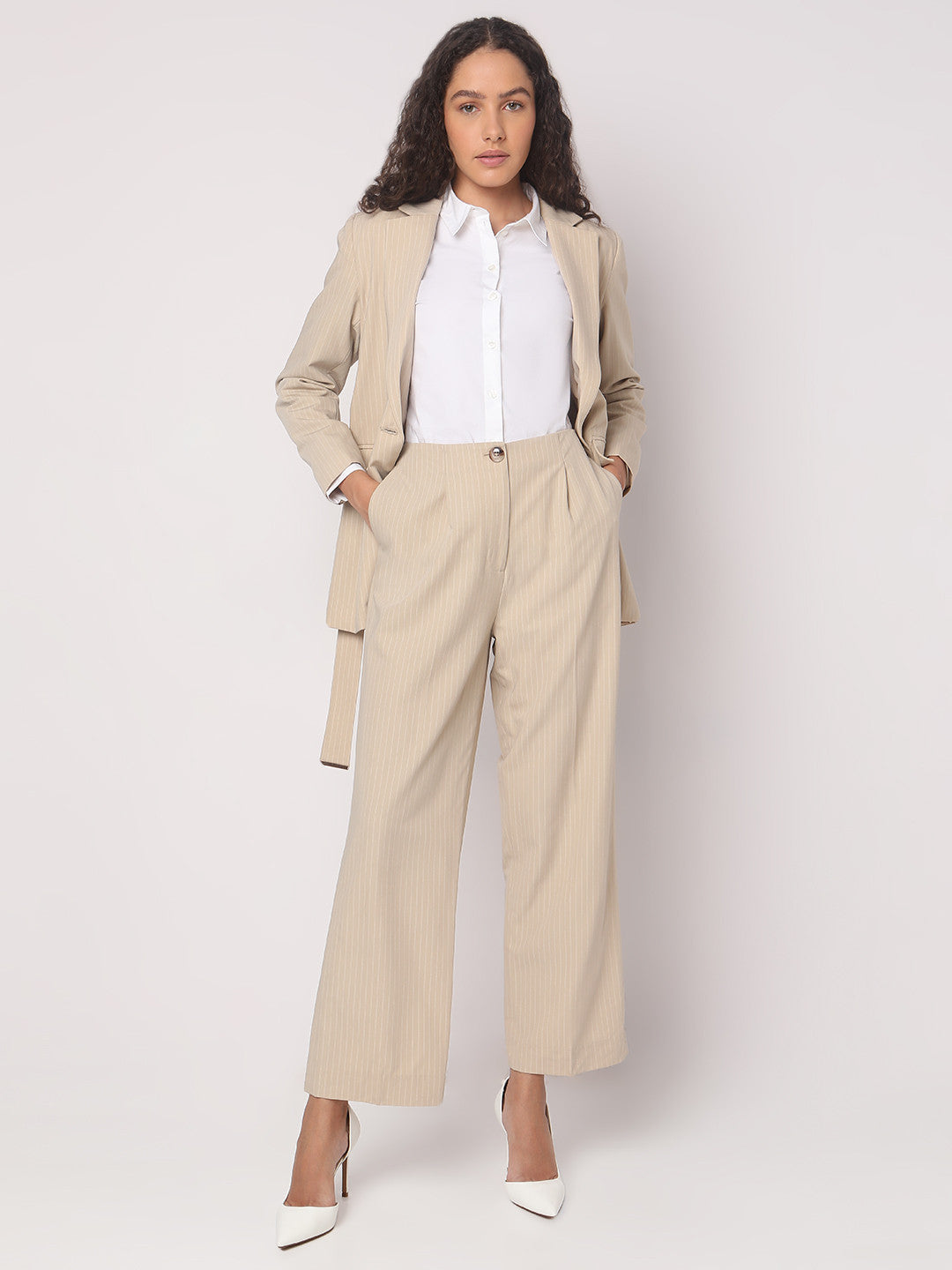 Women Striped Straight Fit High-Rise Pleated Trousers