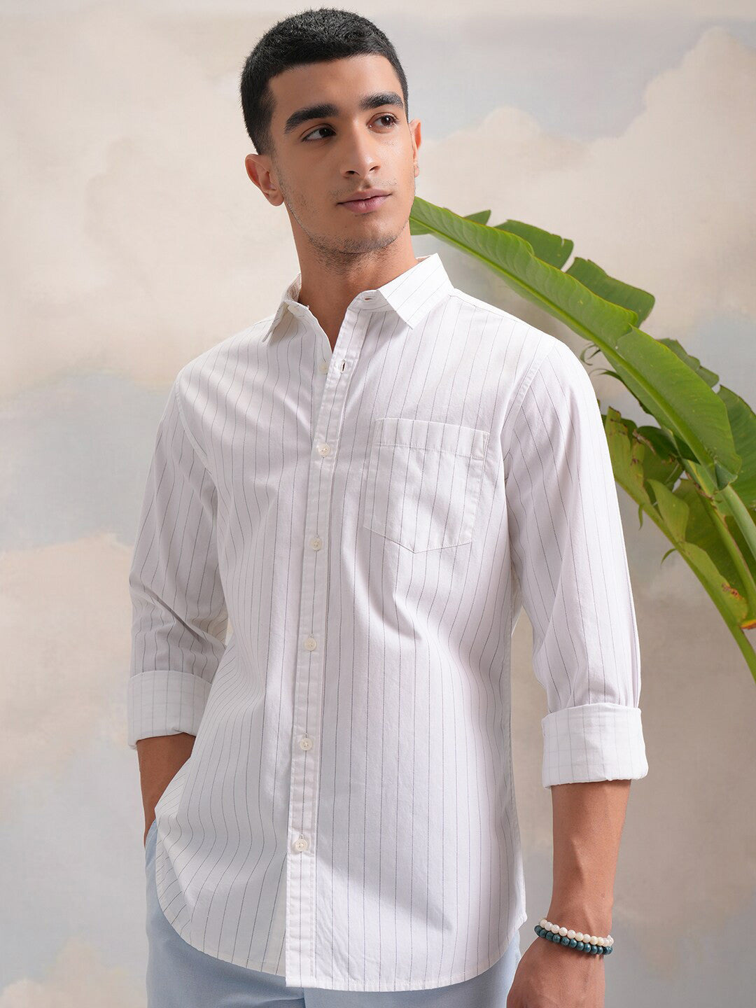 White Regular Fit Vertical Striped Casual Shirt