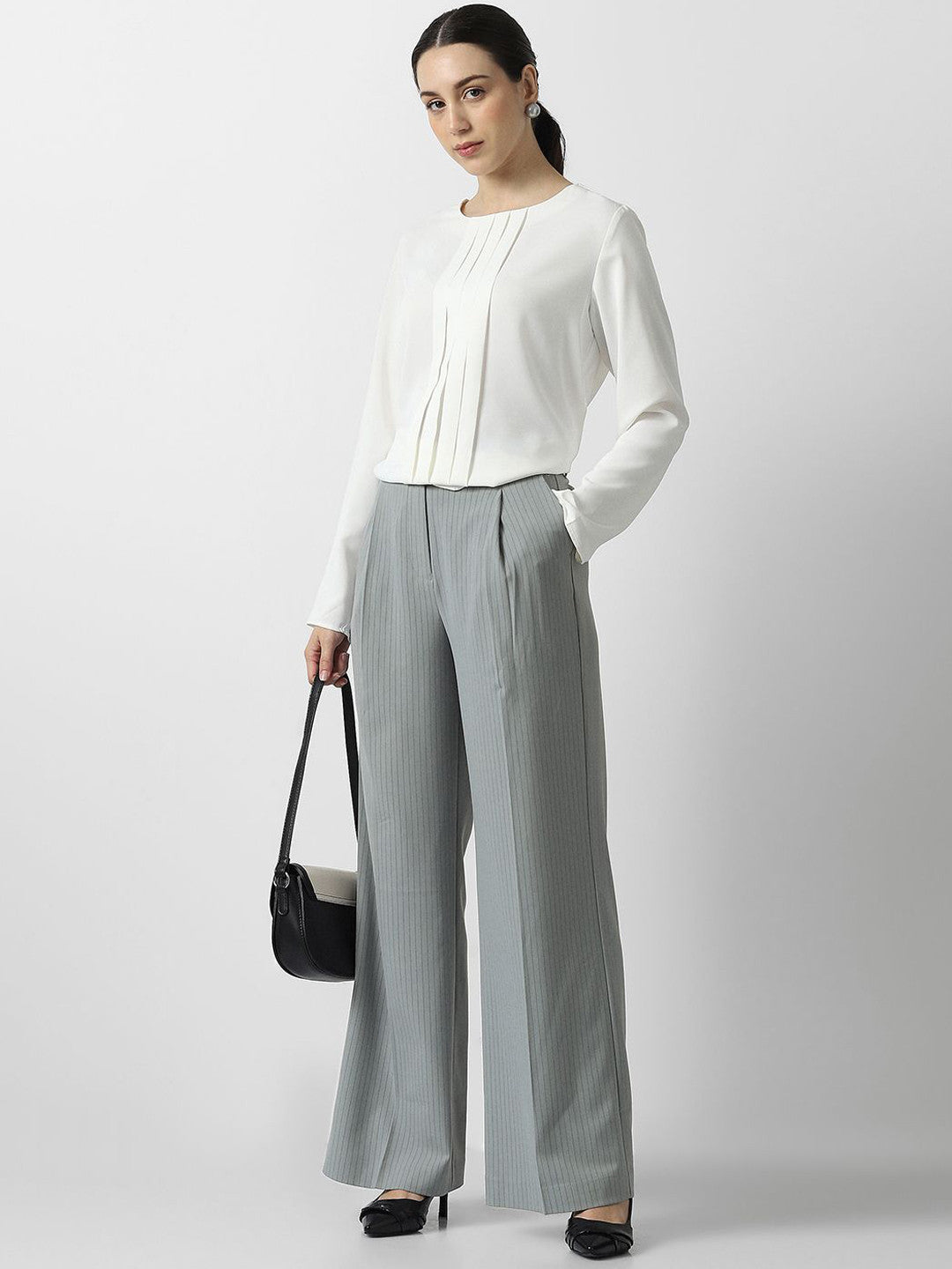Women Striped Pleated Formal Trousers