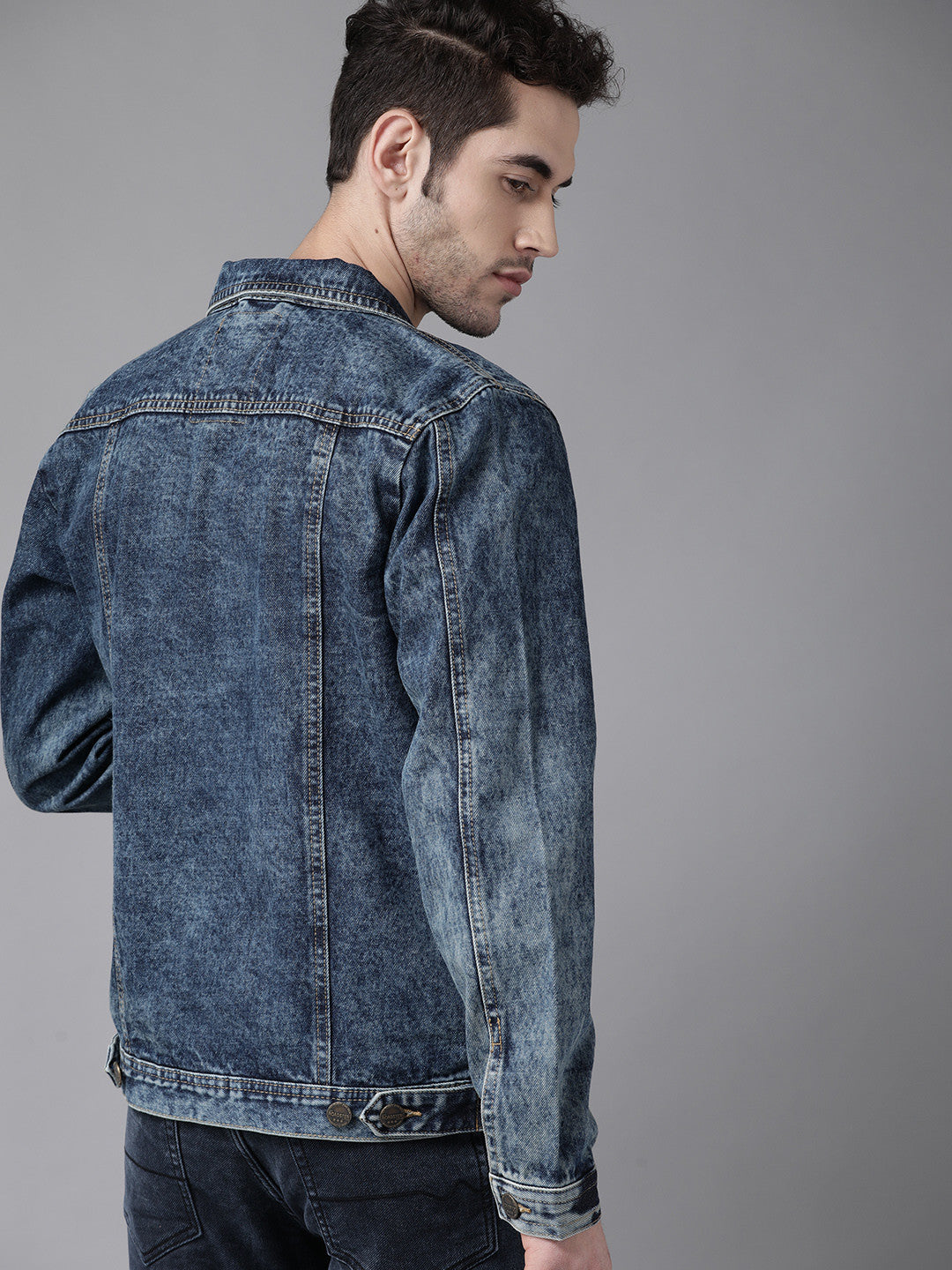 Men Navy Blue Washed Denim Jacket
