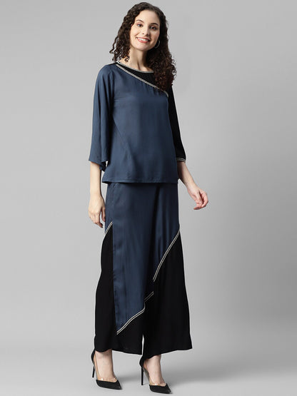 Colourblocked Round Neck Top With Trousers
