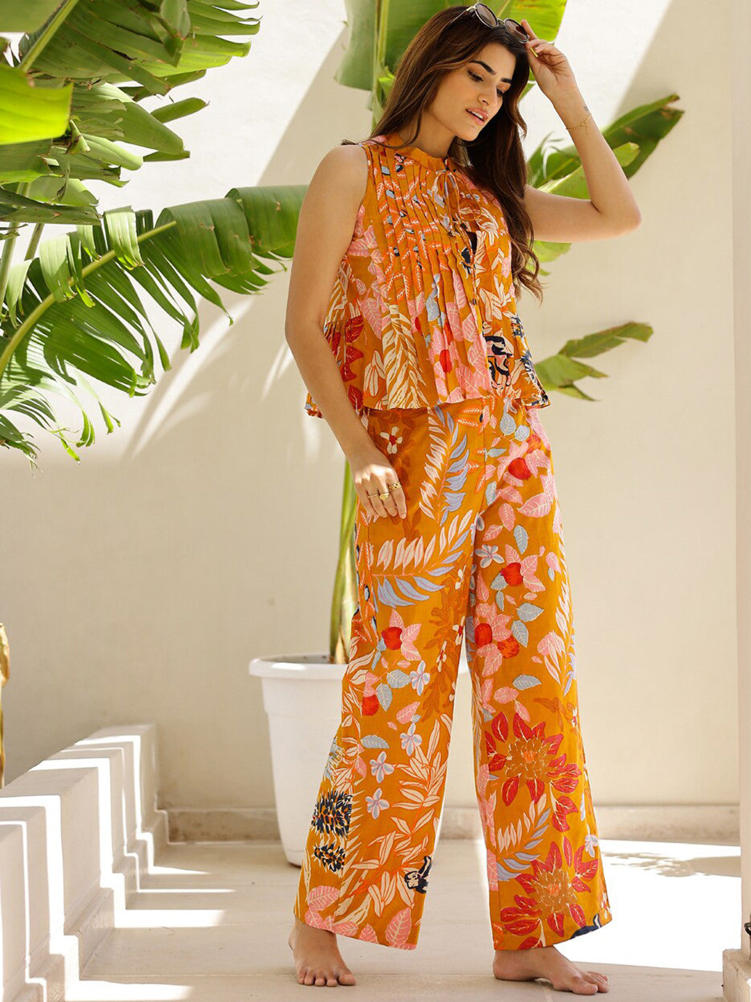 Printed Mandarin Collar Sleeveless Pure Cotton Top And Trouser Co-Ords