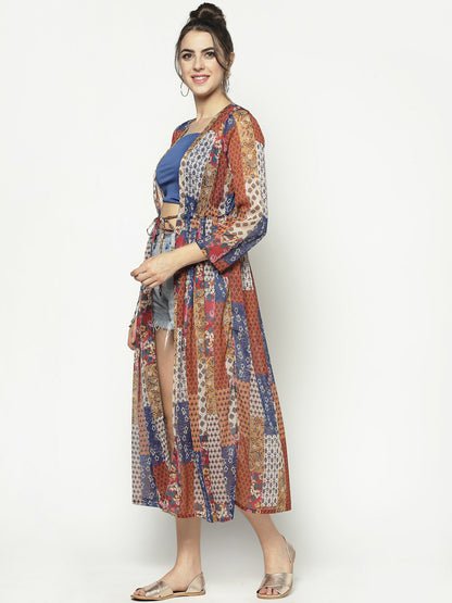 Women Multicolored Printed Tie-Up Shrug