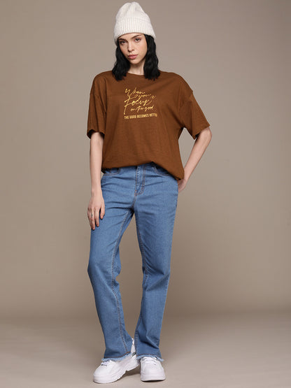 The Life Co. Typography Printed Drop-Shoulder Sleeves Oversized T-shirt