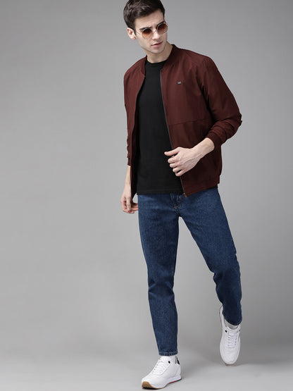 Men Maroon Solid Bomber Jacket