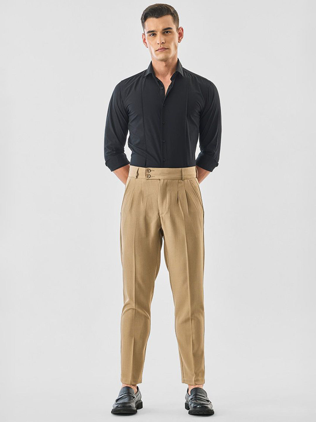 Men Straight Fit Easy Wash Pleated Sleek Utility Formal Trousers