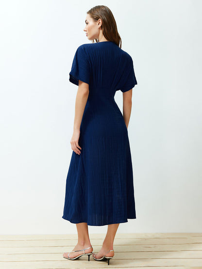 Trendyol Self Design V-Neck Pleated Midi Empire Dress