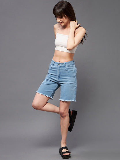 Women Blue Mid-Rise Frayed Denim Shorts
