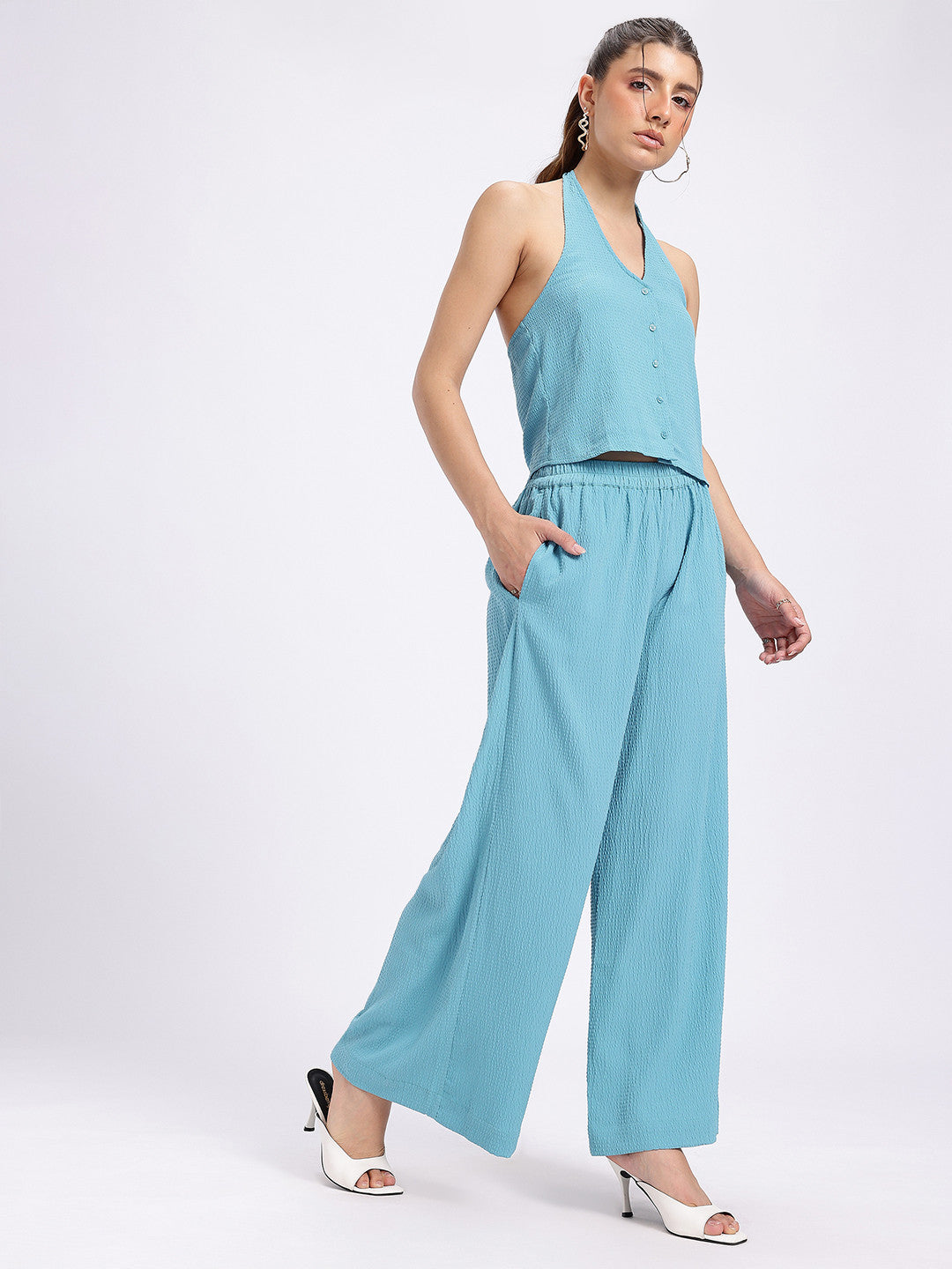 Seersucker Halter Neck Top Flared Co-Ords