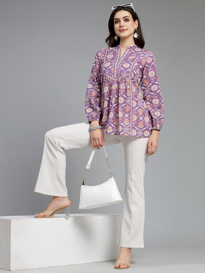 Ethnic Motifs Printed Mandarin Collar Pure Cotton Top
