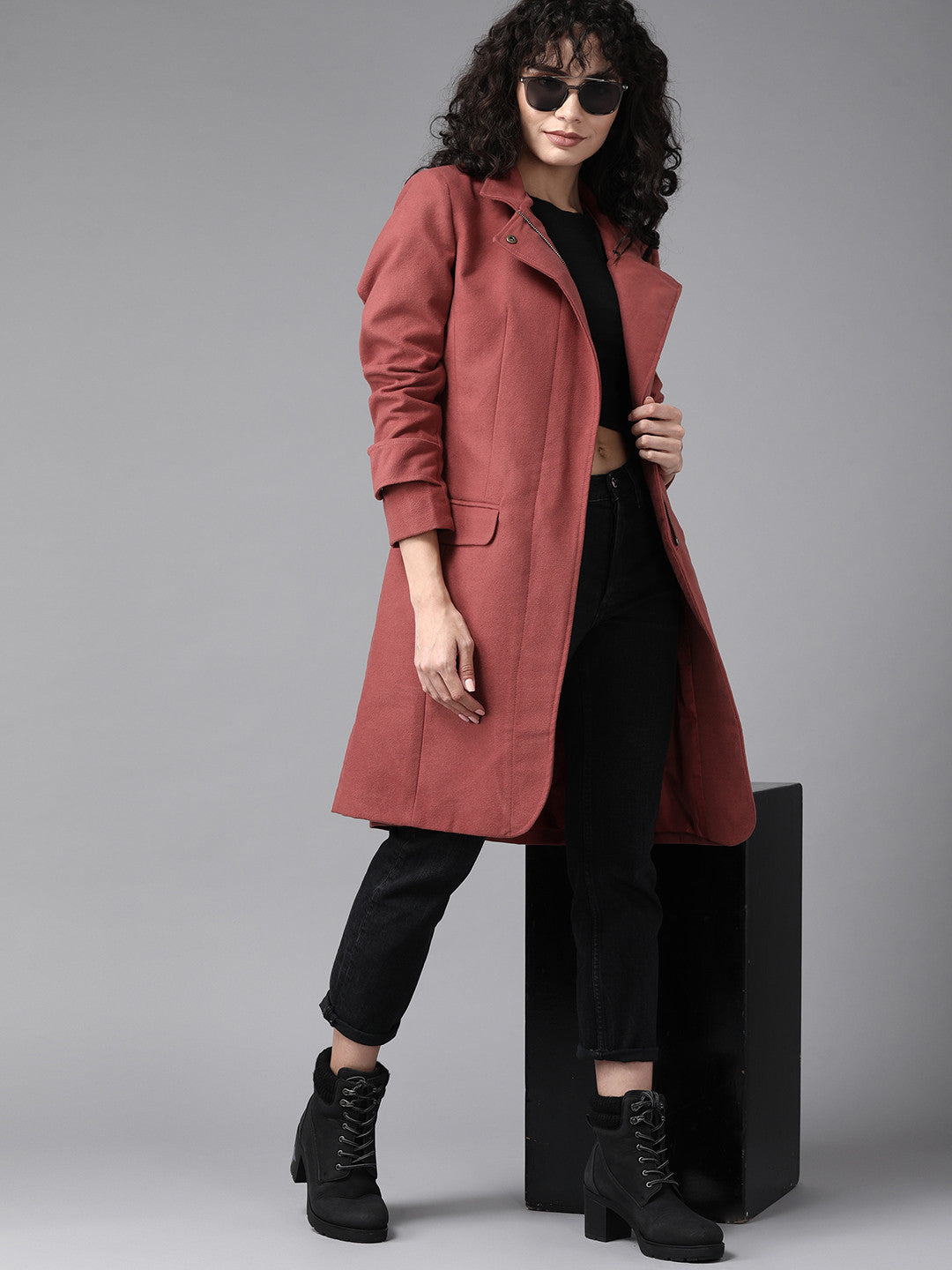 Women Rust Red Solid Longline Tailored Jacket