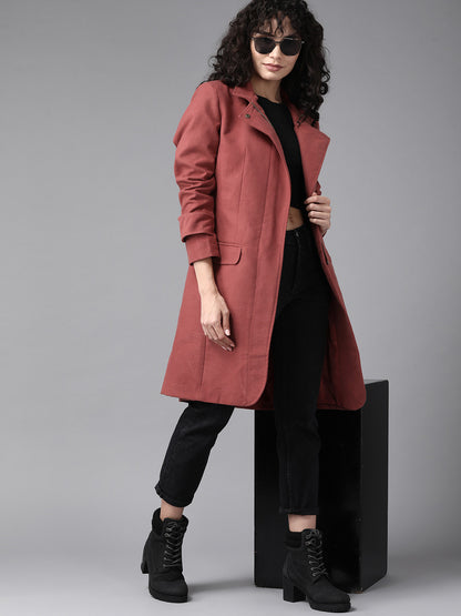 Women Rust Red Solid Longline Tailored Jacket