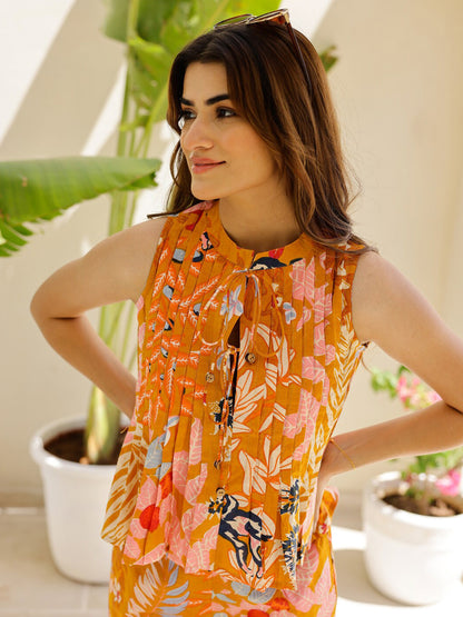 Printed Mandarin Collar Sleeveless Pure Cotton Top And Trouser Co-Ords