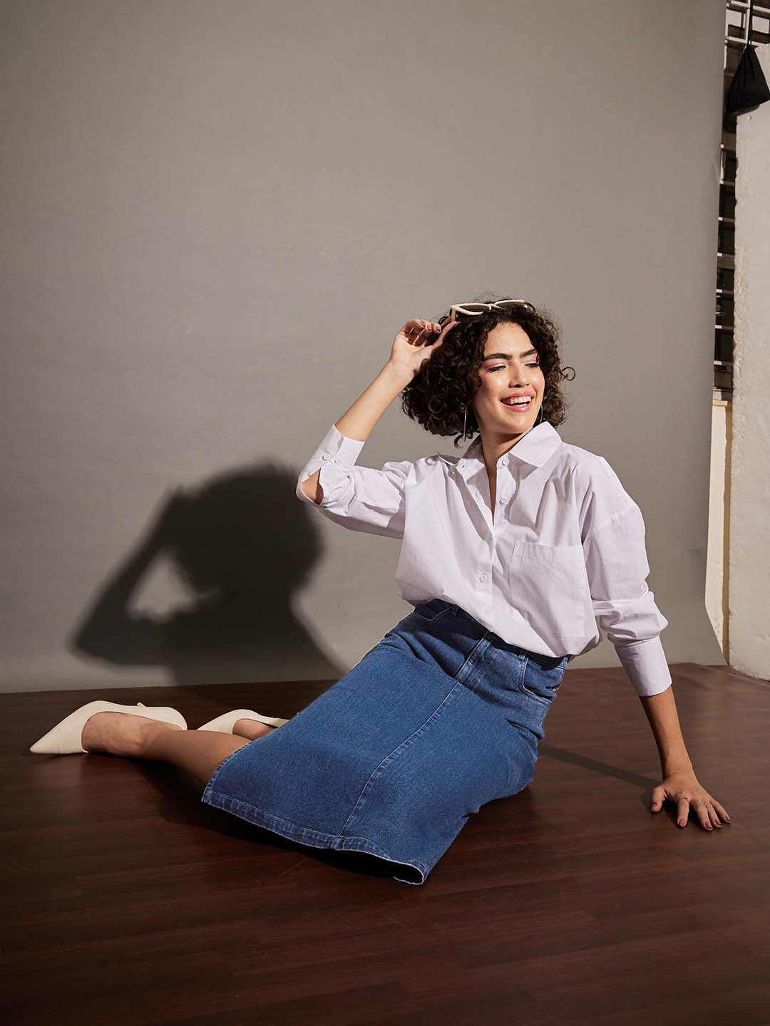 Blue Side Slit A-Line Midi Skirt