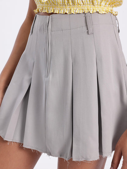 Pleated Raw Hem Mini Flared Skirt