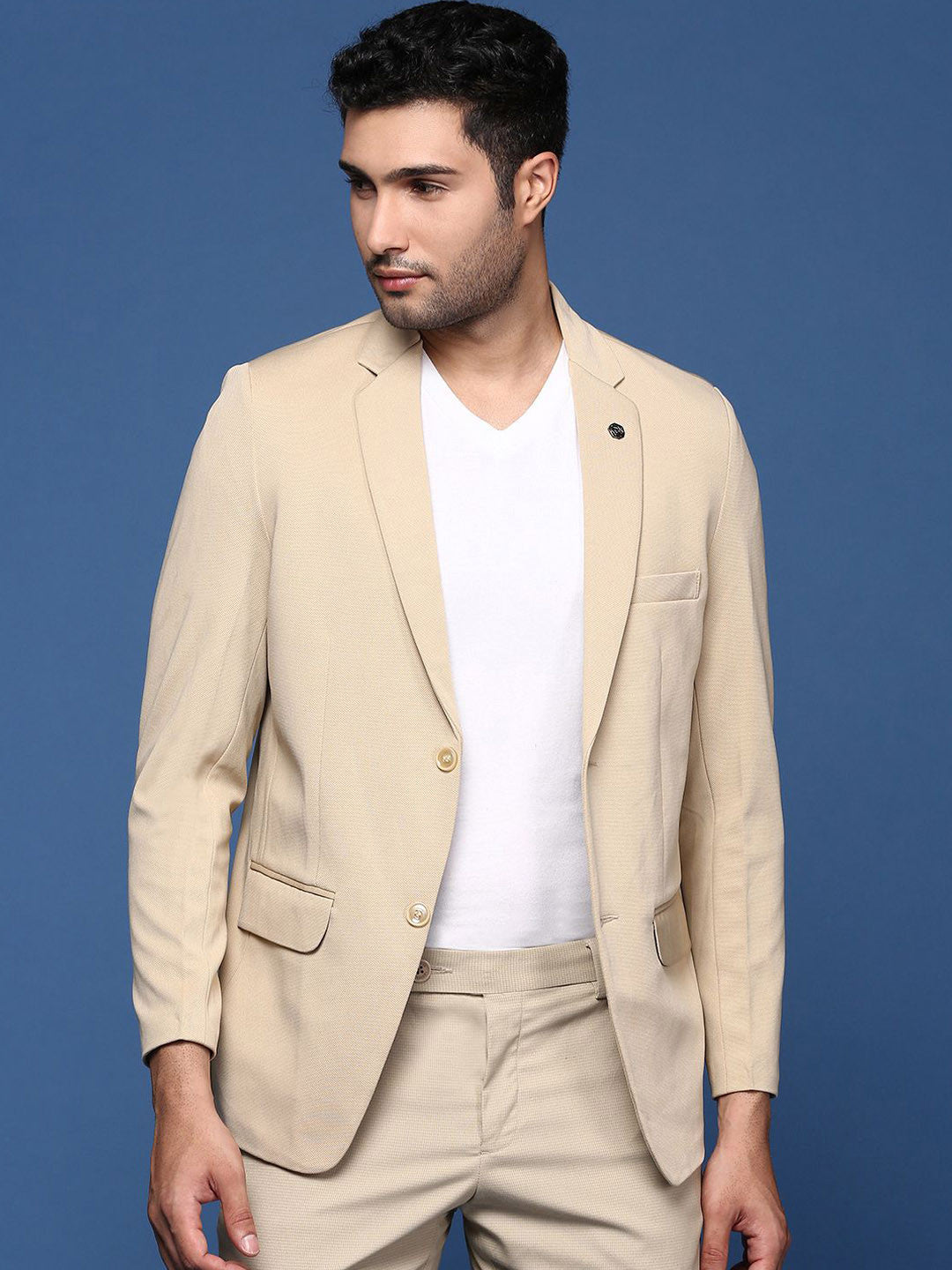 Notched Lapel Slim Fit Single Breasted Cotton Blazer
