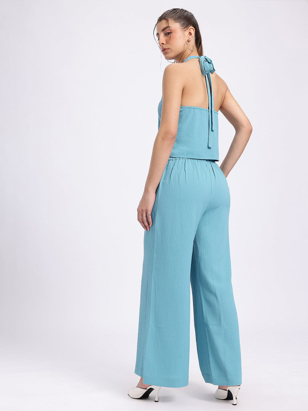 Seersucker Halter Neck Top Flared Co-Ords