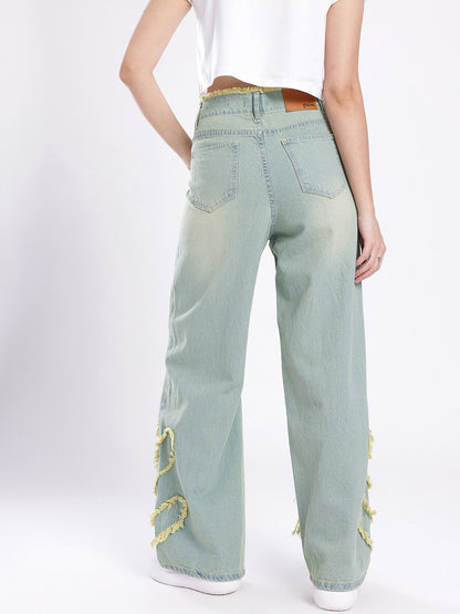 Women Frayed Detail Wide Leg High-Rise Heavy Fade Jeans