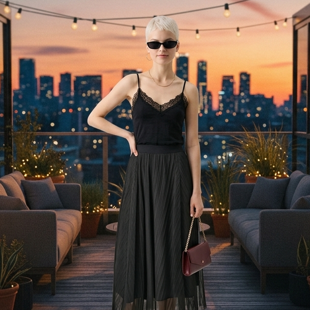 Women’s Black Mesh Pleated Midi Skirt