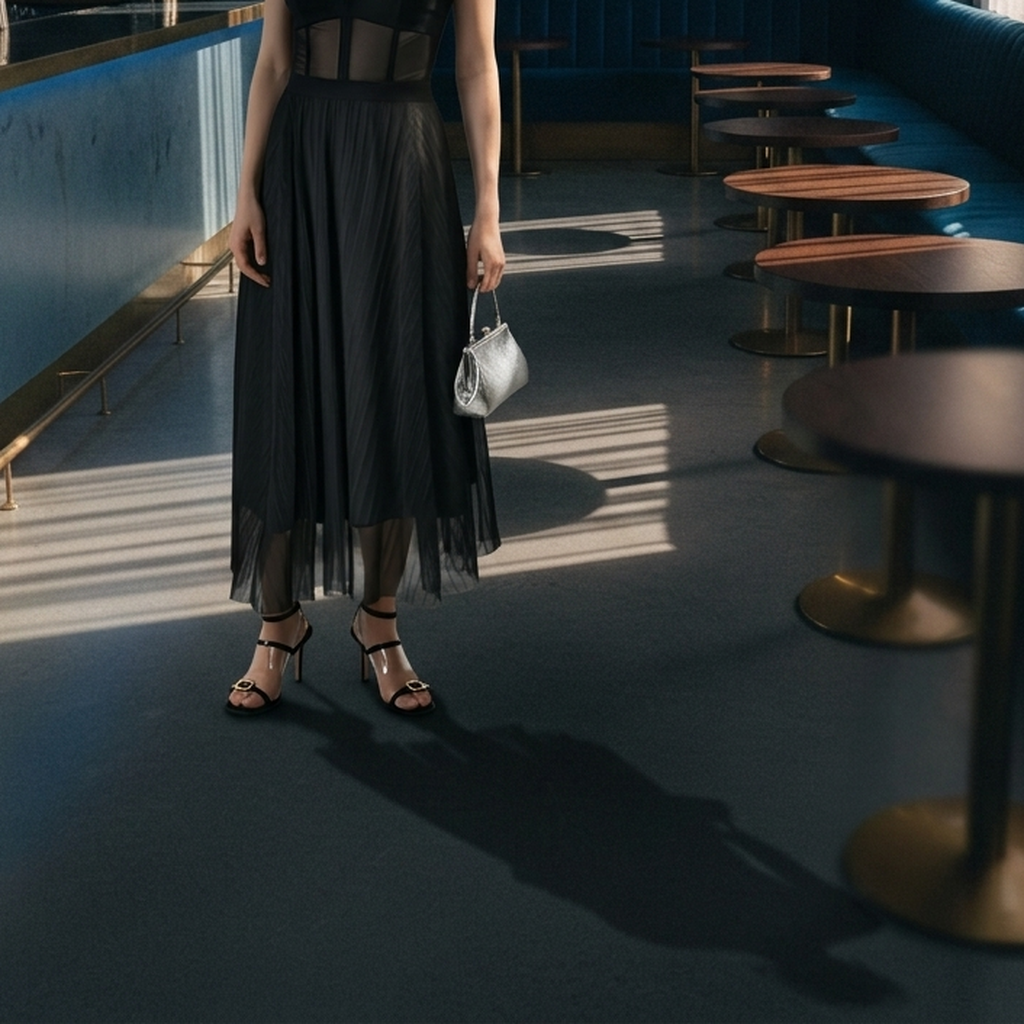 Women’s Black Mesh Pleated Midi Skirt